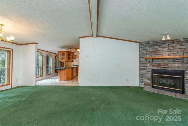a living room with a fireplace