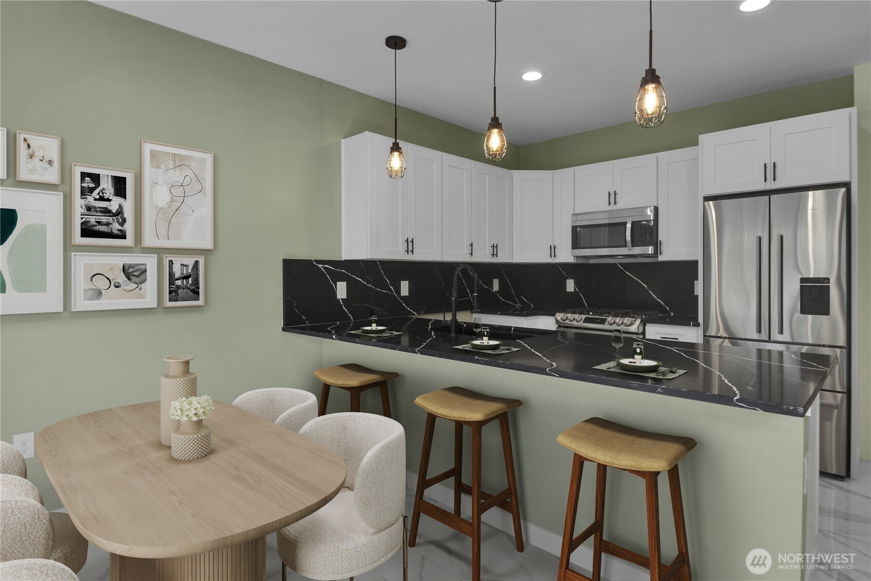 3117 Northeast 133rd Street, Unit D Seattle, WA 98125 - Photo 7 of 22 a kitchen with stainless steel appliances granite countertop a sink a stove a refrigerator a dining table and chairs