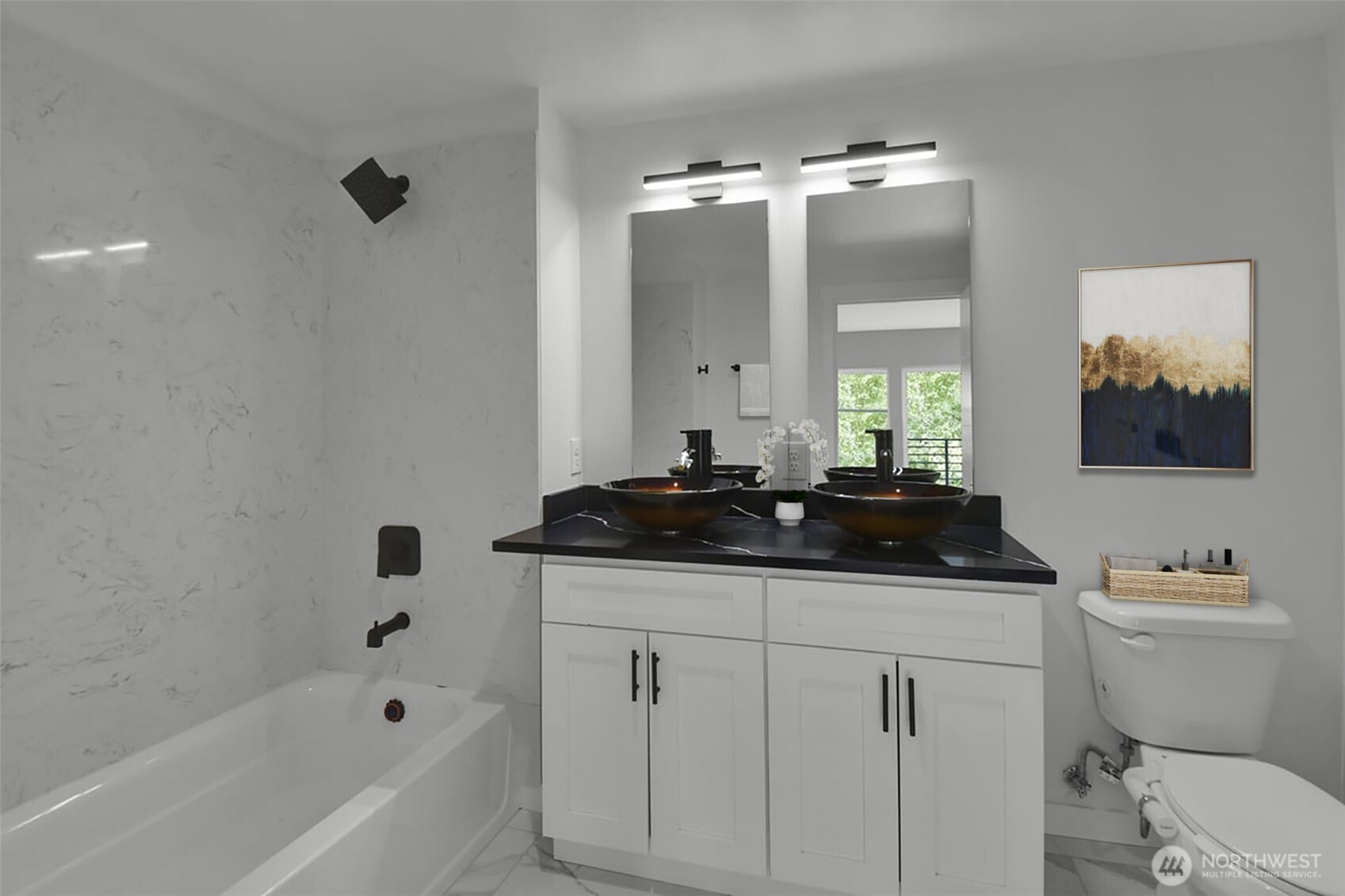 3117 Northeast 133rd Street, Unit D Seattle, WA 98125 - Photo 10 of 22 a bathroom with a sink a toilet a mirror and bathtub