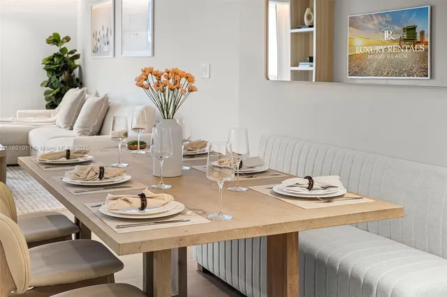 a view of a dining room with furniture