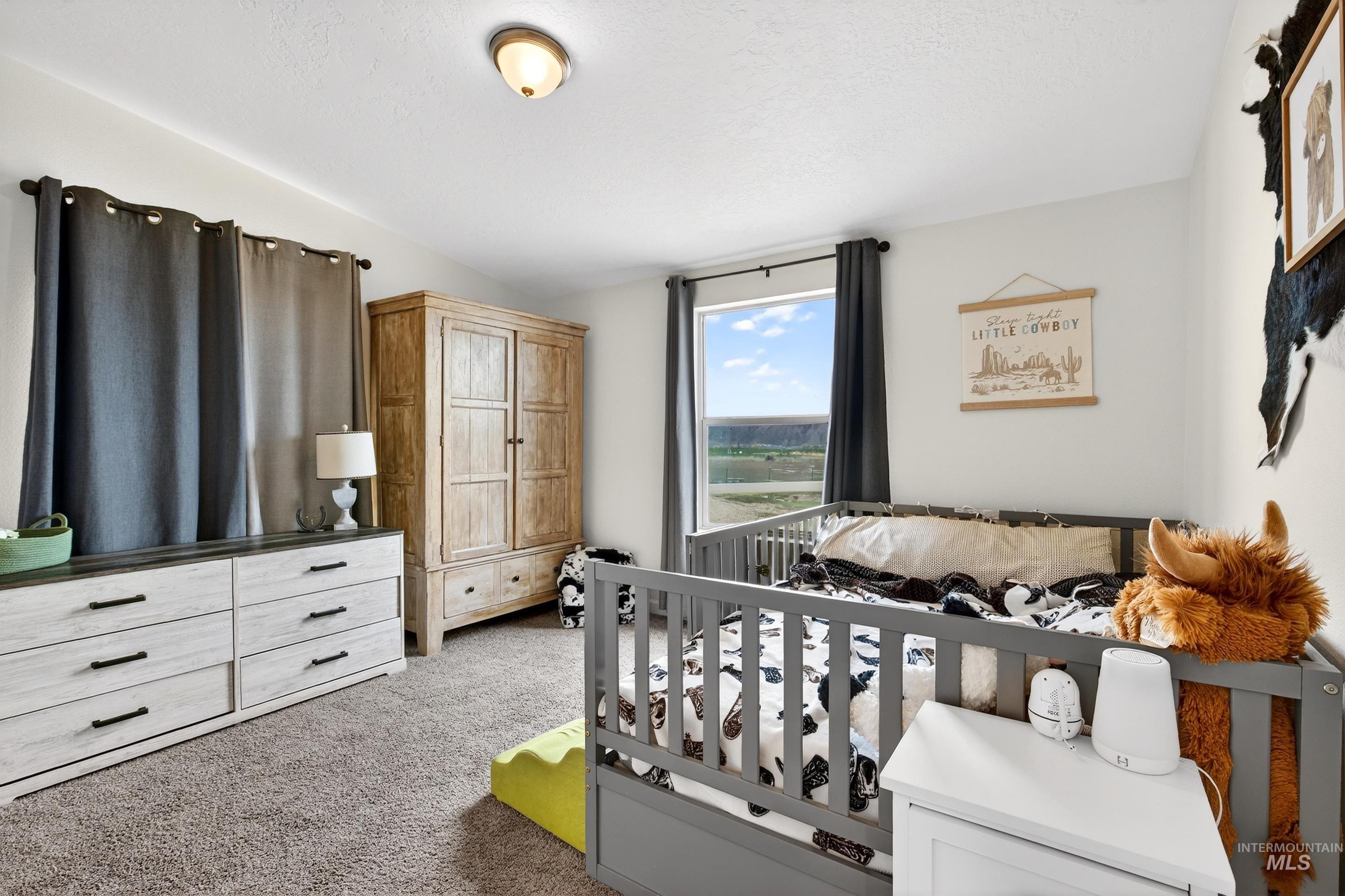 728 Chase Lane Melba, ID 83641 - Photo 29 of 48 Bedroom featuring dark colored carpet, lofted ceiling, and a nursery area