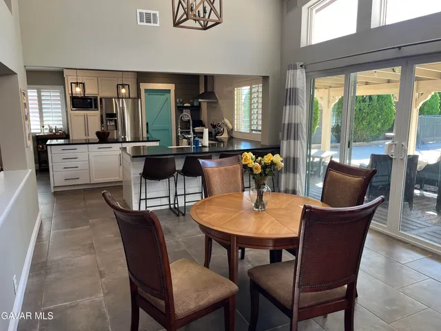 a view of a dining room with furniture and window