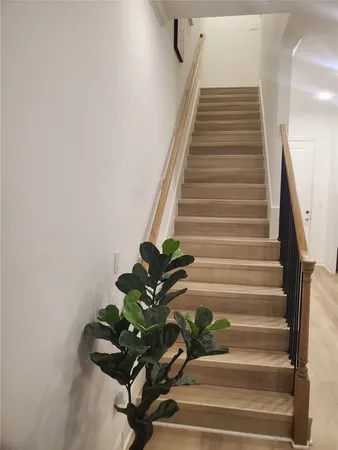 a view of staircase with wooden floor and potted plant