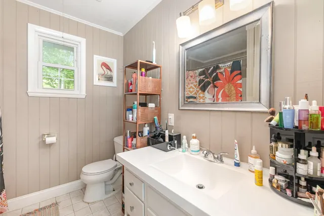 a bathroom with a sink mirror vanity and toilet