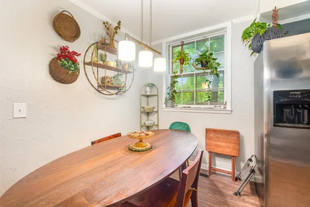 a view of a dining room with furniture a potted plant and a chandelier