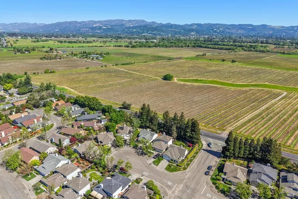 an aerial view of residential houses with outdoor space and trees