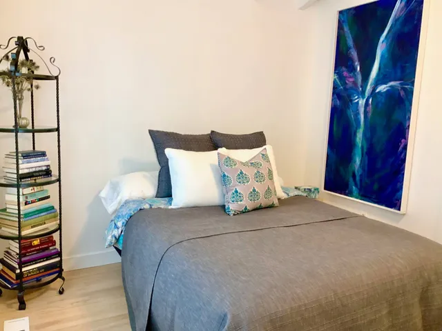 a bedroom with a bed and a closet