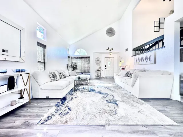 a living room with furniture and a rug