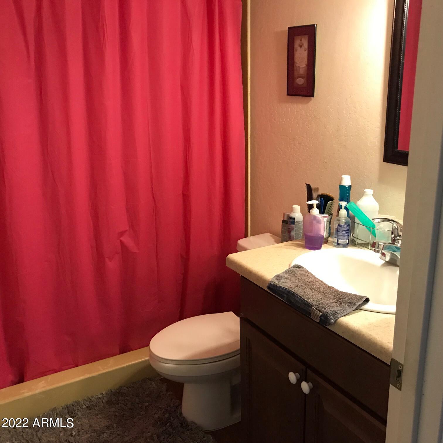12221 West Bell Road, Unit 370 Surprise, AZ 85378 - Photo 9 of 18 a bathroom with a sink a toilet and shower curtain