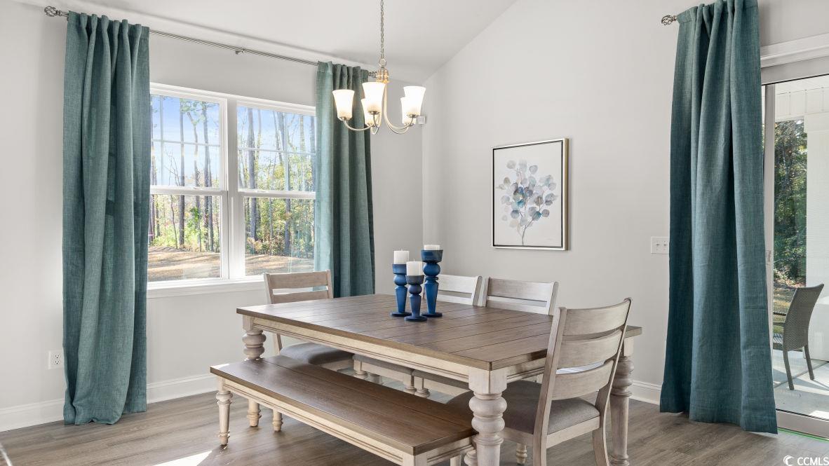 737 Doonbeg Court Conway, SC 29526 - Photo 14 of 33 Dining room with a chandelier, light wood-style floors, plenty of natural light, baseboards, and lofted ceiling