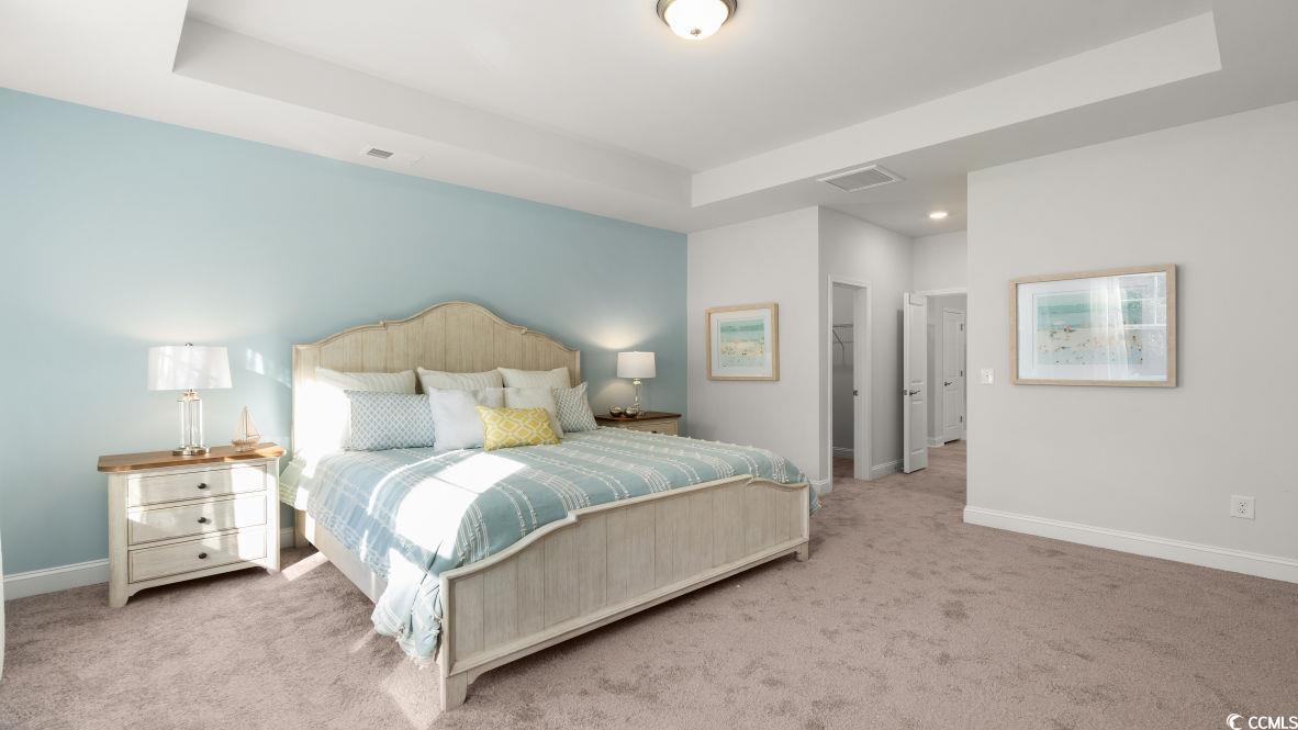 737 Doonbeg Court Conway, SC 29526 - Photo 16 of 33 Bedroom featuring carpet floors, baseboards, a tray ceiling, and recessed lighting
