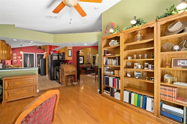 a view of a room with shelves