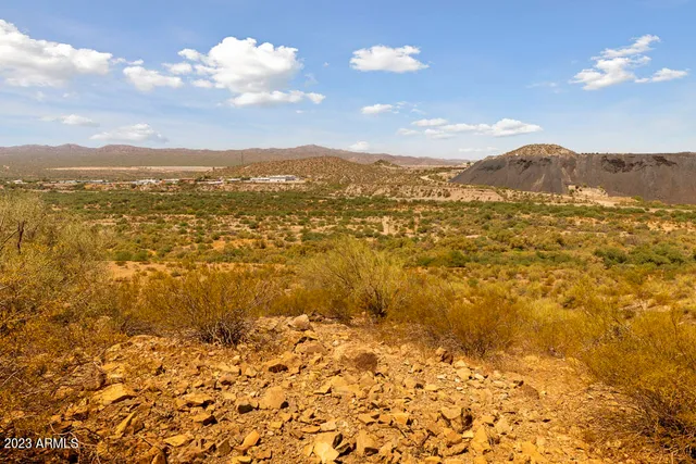 a view of a dry yard with mountains in the background