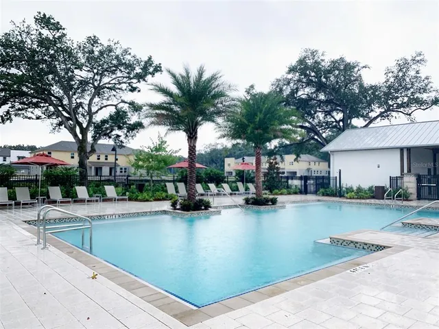 a view of a garden with a bench in the garden