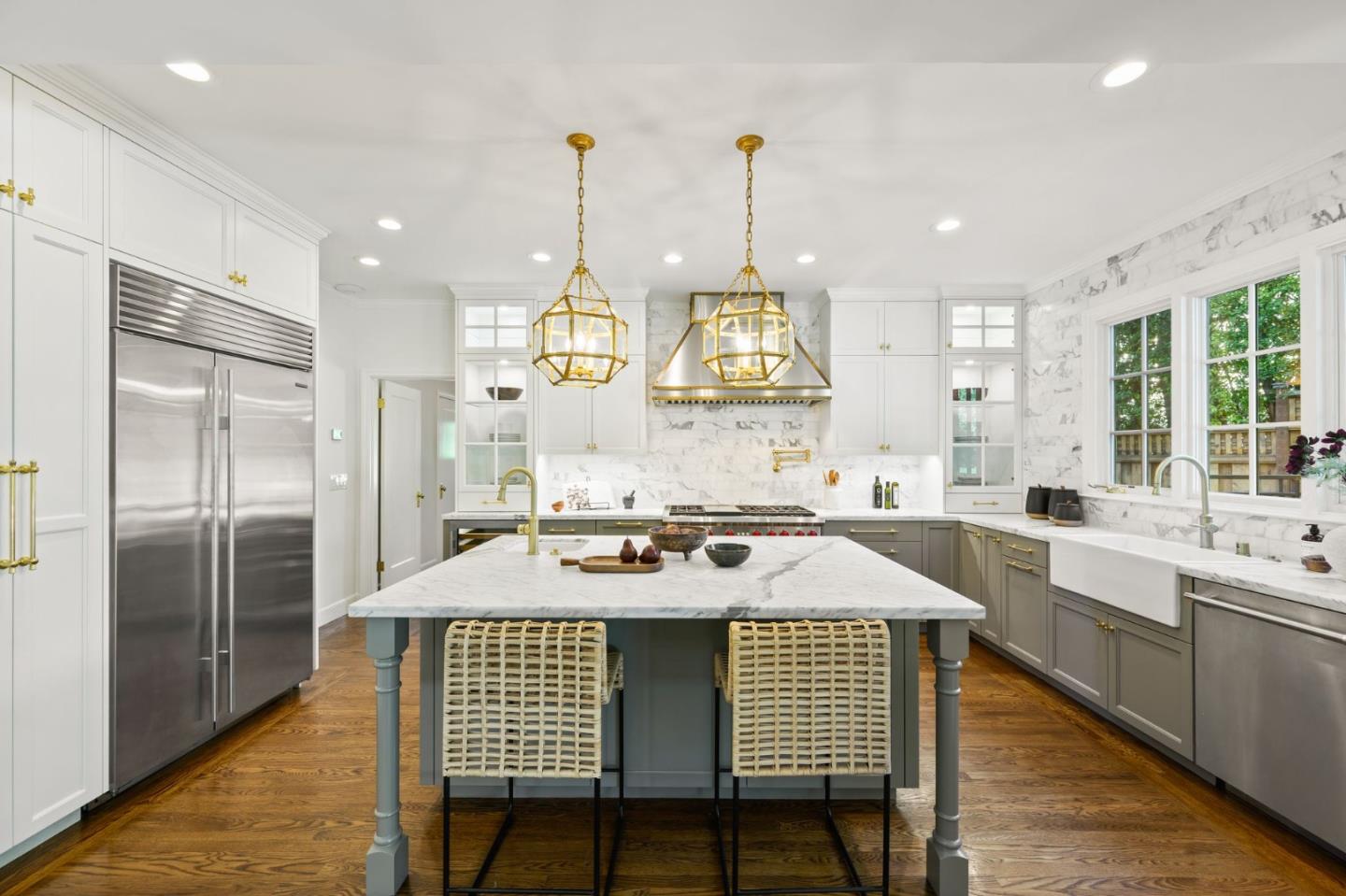 670 Edgewood Road San Mateo, CA 94402 - Photo 6 of 59 a kitchen with stainless steel appliances granite countertop a sink a stove a refrigerator cabinets and living room view