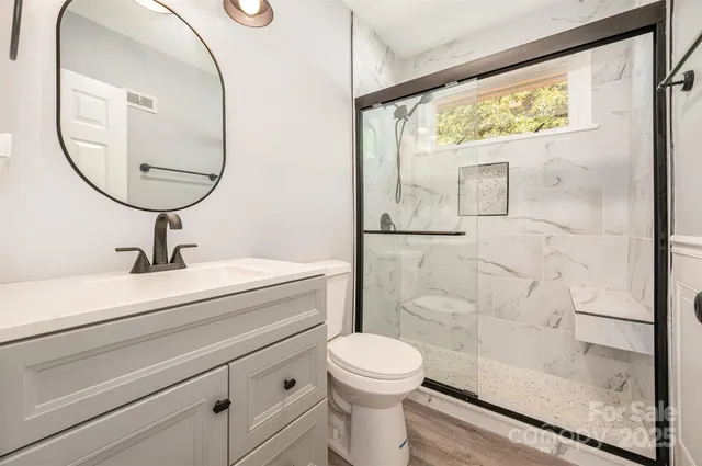 a bathroom with a sink a mirror a toilet and a glass door shower