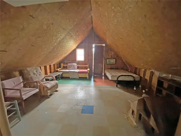 a backyard of a house with plants and large tree