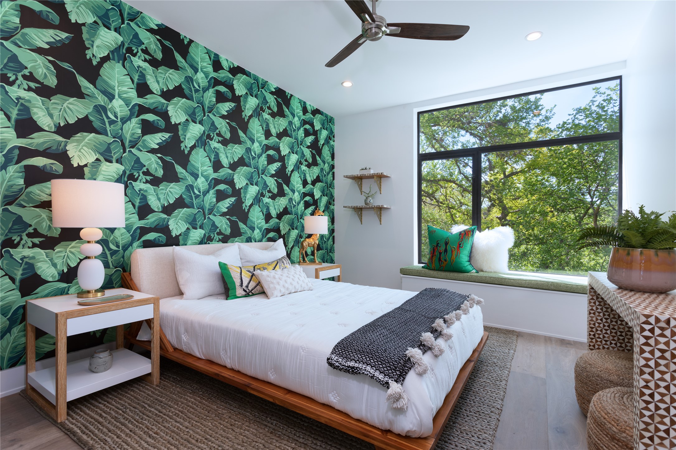 700 Jessie Street Austin, TX 78704 - Photo 19 of 40 Bedroom with an accent wall, wallpapered walls, recessed lighting, wood finished floors, and a ceiling fan