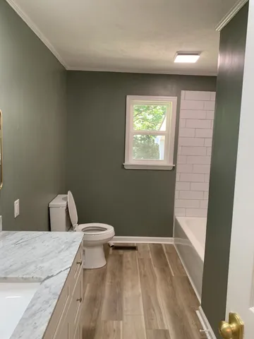 a bathroom with a bathtub