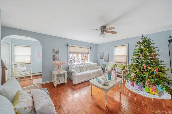 a living room with furniture potted plant and a window