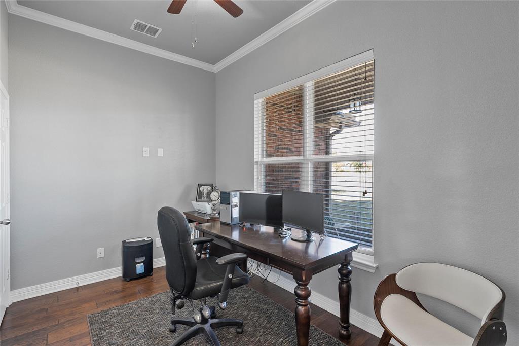 1420 Hoosier Park Robinson, TX 76706 - Photo 22 of 40 Designated Office space featuring crown molding, hardwood floors, and ceiling fan