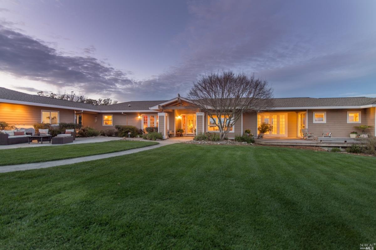 a view of a big yard with a large tree in front of it