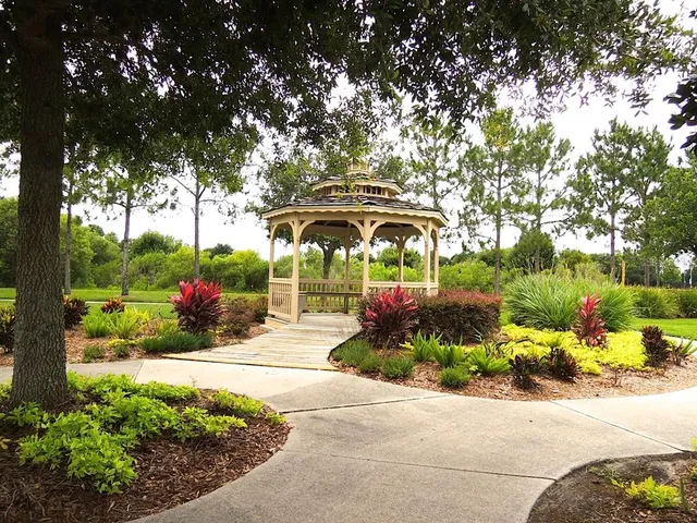 a view of a garden with flowers and trees