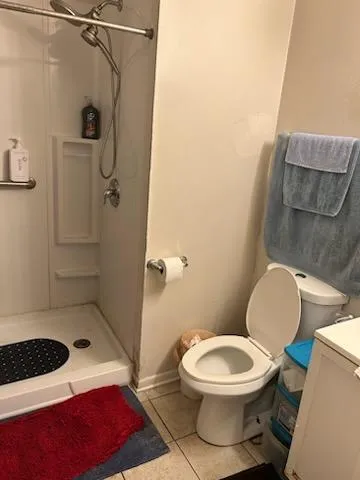 a bathroom with a toilet and a shower