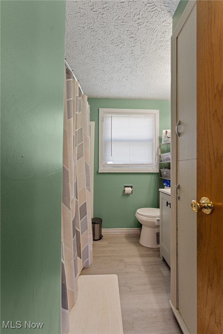 123 North Seneca Street Rittman, OH 44270 - Photo 15 of 32 Bathroom featuring a shower with shower curtain, wood finished floors, a textured ceiling, and toilet