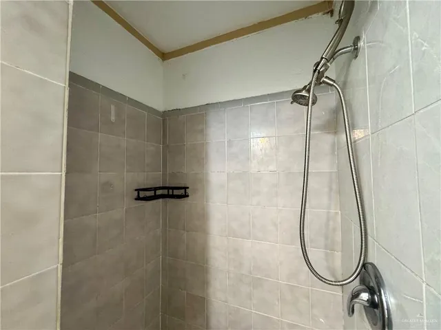 a bathroom with a sink a mirror and a shower