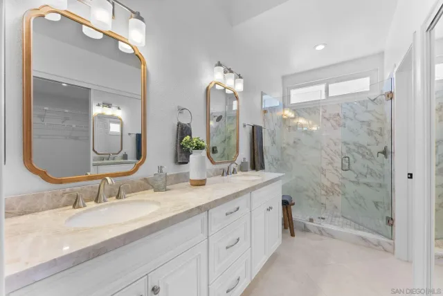 a bathroom with a granite countertop sink mirror and a shower