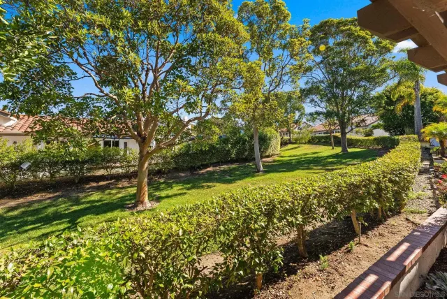 a view of backyard with wooden fence