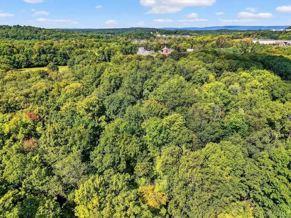 an aerial view of residential houses with outdoor space and trees