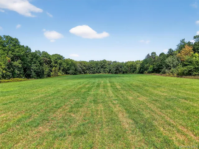 a view of a green field with trees in the background