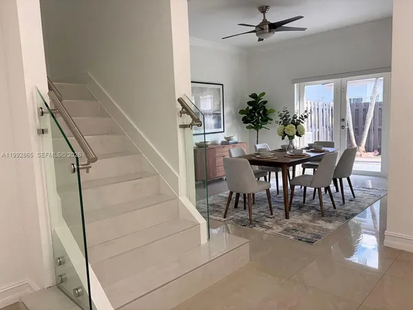 a view of a dining room with furniture