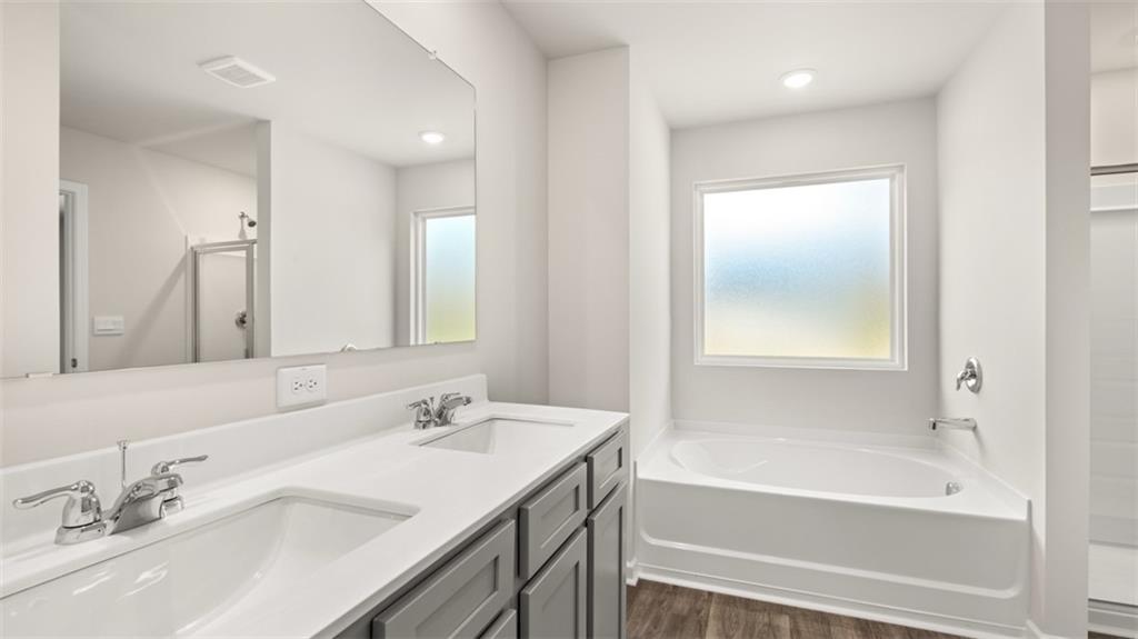 112 Holland Cove Winder, GA 30680 - Photo 16 of 26 a bathroom with a granite countertop sink mirror and a bathtub
