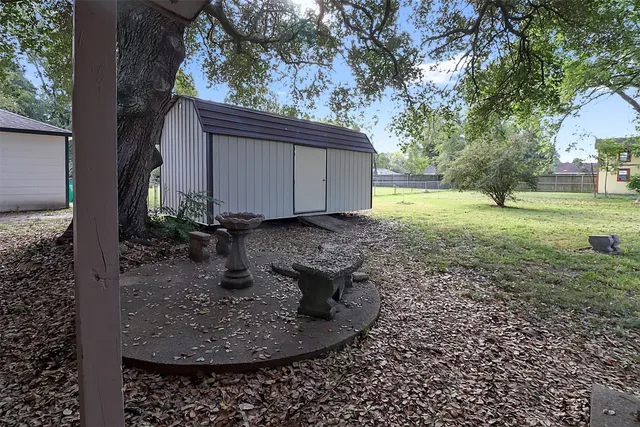 a view of a backyard with plants and large trees
