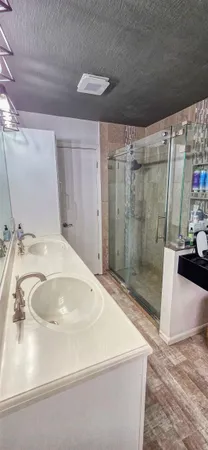 a bathroom with a sink and a shower