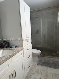 a bathroom with a granite countertop sink a toilet and shower