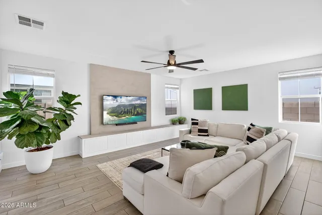 a living room with furniture and a potted plant