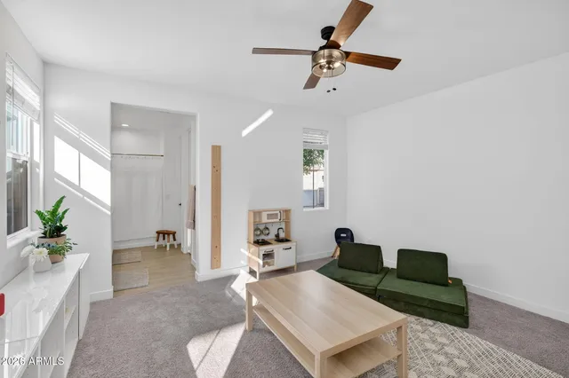 a living room with furniture and a rug
