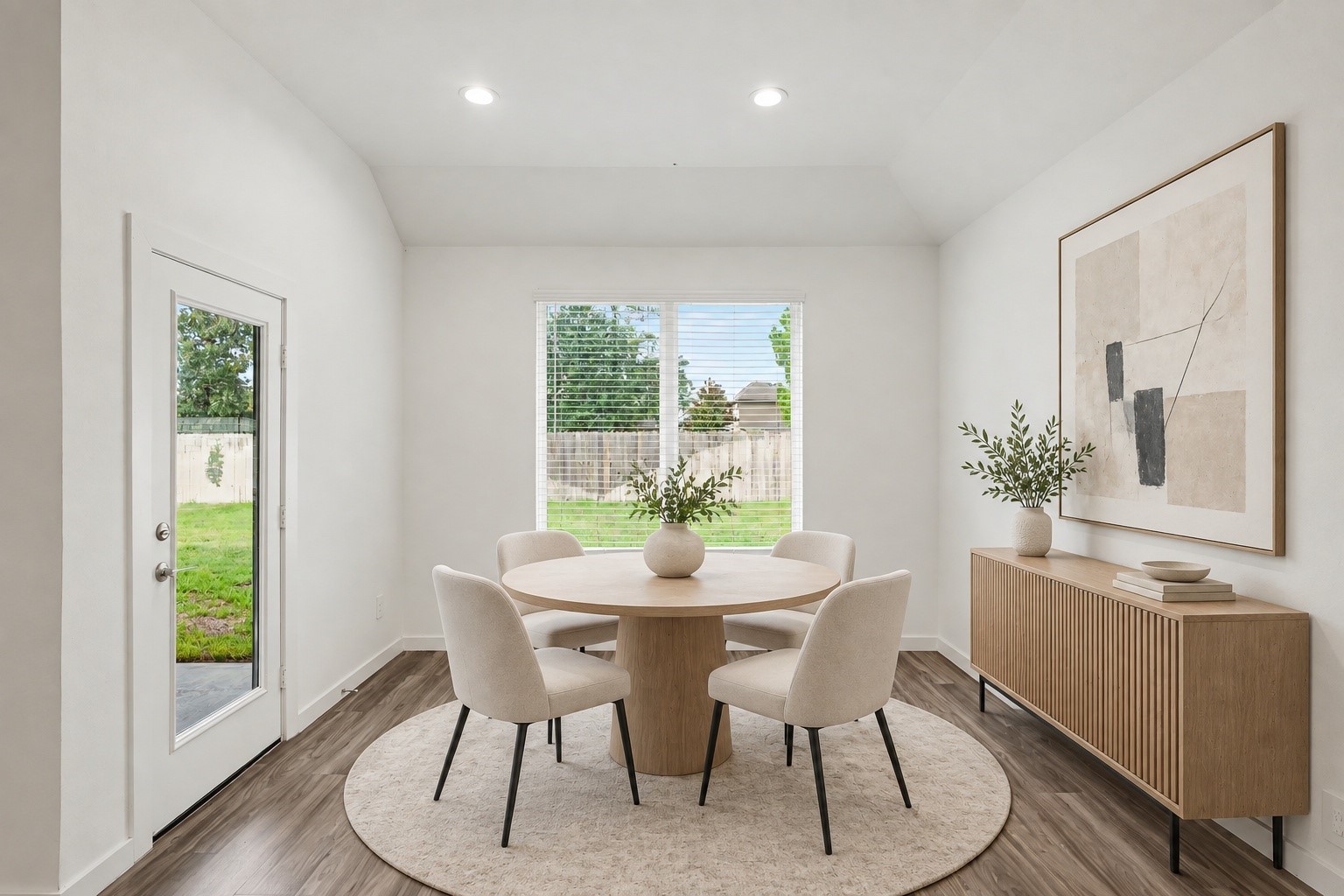 14162 Primrose Ridge Lane Conroe, TX 77384 - Photo 24 of 48 Experience refined comfort in this elegantly staged dining area, featuring a round table and chic seating, bathed in natural light from expansive windows with serene garden views.