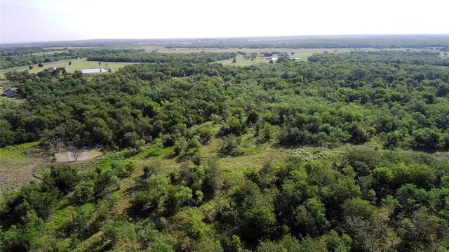 an aerial view of residential houses with outdoor space and trees