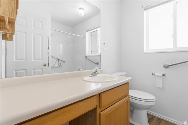 217 East 400 South Spring City, UT 84662 - Photo 32 of 71 Bathroom featuring vanity, dark wood-style floors, and a shower