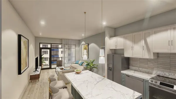 a large kitchen with sink refrigerator and window