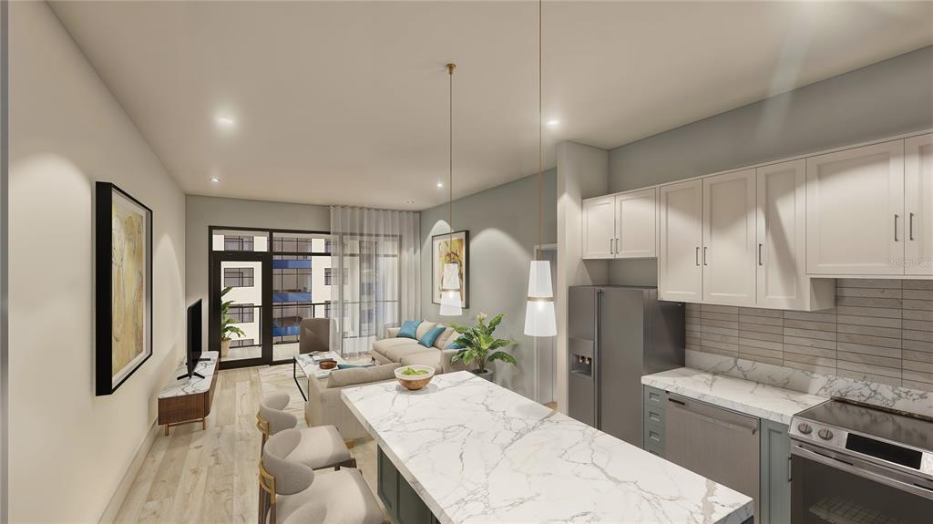 a large kitchen with sink refrigerator and window