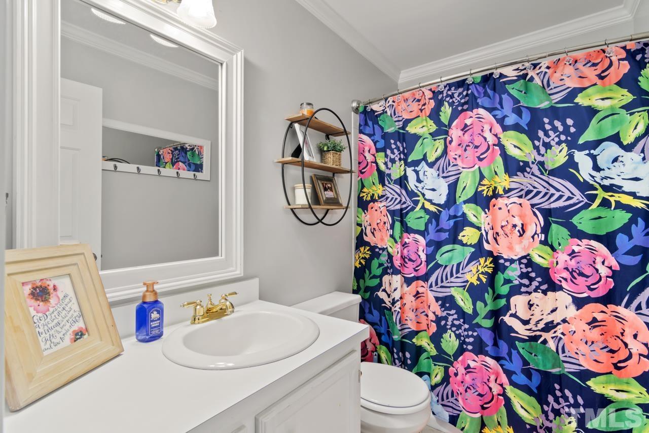 6908 Kiger Road Rougemont, NC 27572 - Photo 26 of 30 a bathroom with a sink toilet and curtain