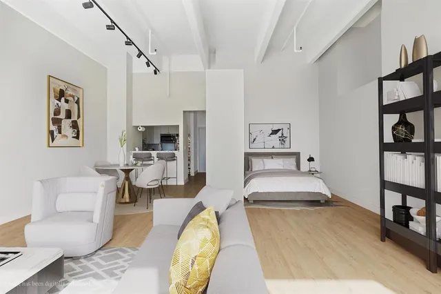 a spacious bedroom with a bed a couch and bookshelf