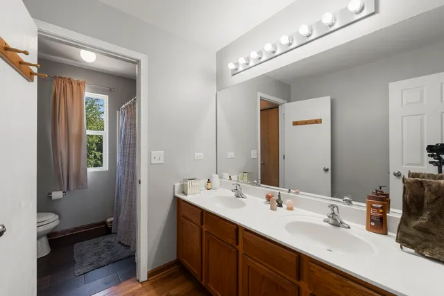 a bathroom with a double vanity sink a toilet and a mirror