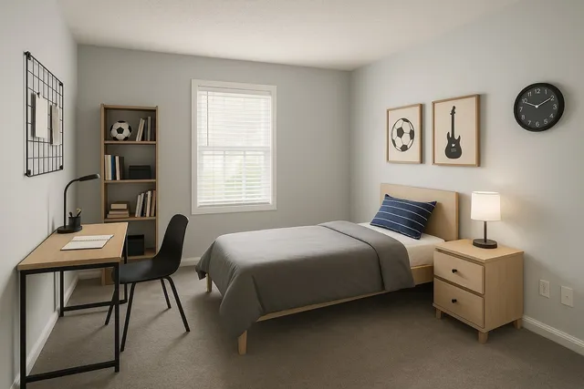 a bedroom with a bed and a desk